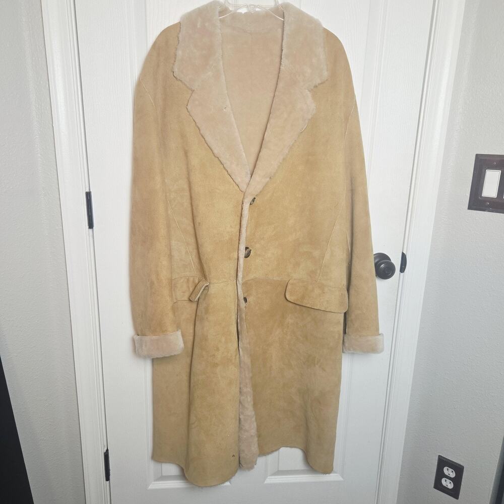 Denimaxx Couture Coat Mens XL Beige Suede Shearling Fur Lined Long Overcoat